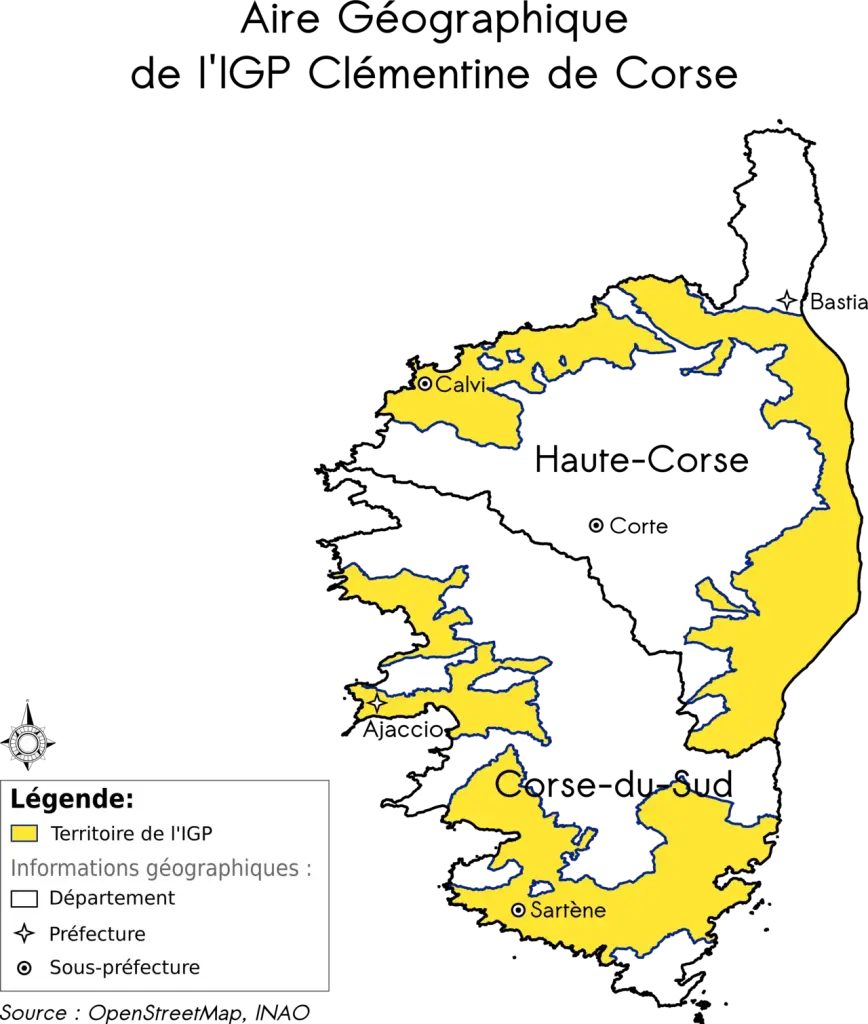Carte d’archive de l’aire géographique de l’IGP Clémentine de Corse.