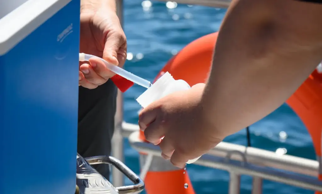 Prélèvements de microalgues en mer au large de Concarneau