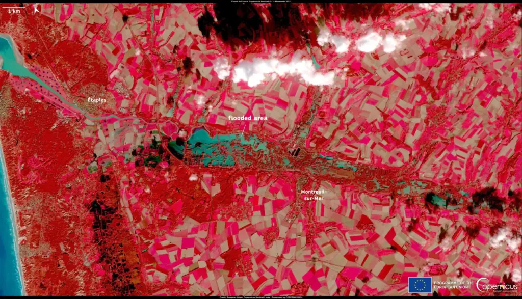 Vue satellite d’archives des inondations près de Montreuil-sur-Mer en 2023