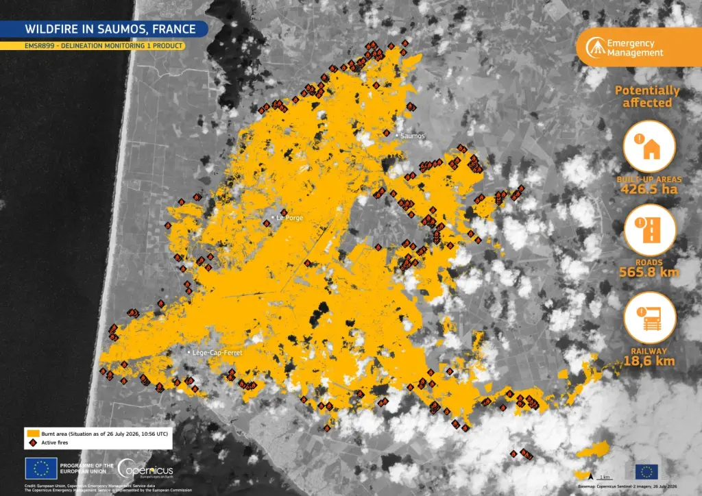 Carte satellite de la zone brûlée par l’incendie de Saumos en Gironde en juillet 2026