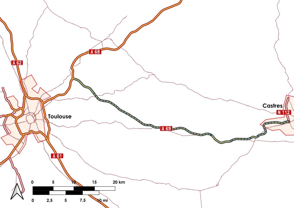 Carte du tracé de l’A69 entre l’A68 près de Verfeil et Castres