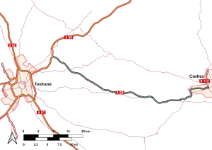 Carte du tracé de l’A69 entre l’A68 près de Verfeil et Castres